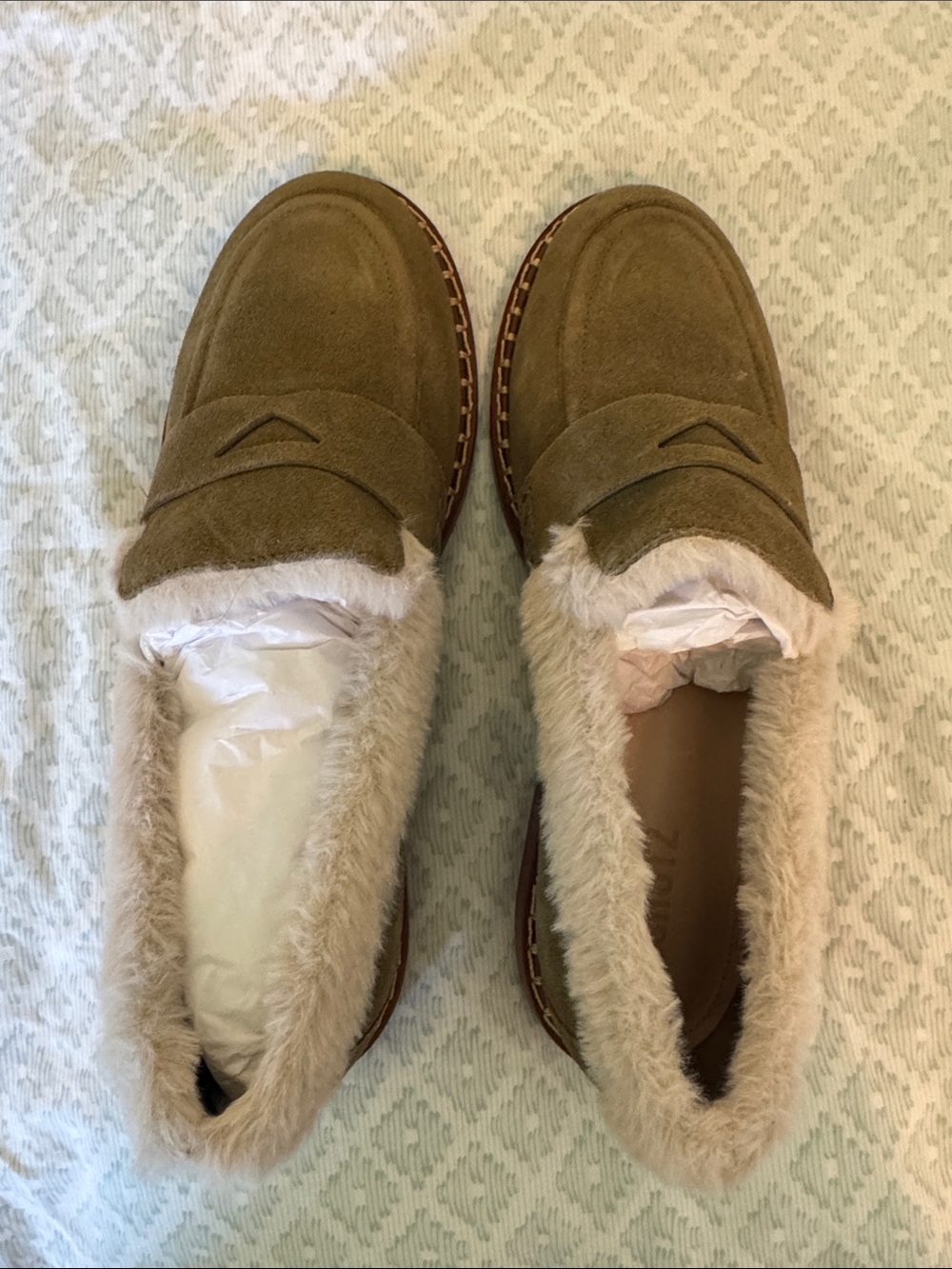 SCHUTZ Olive Suede Faux-Fur Lined Moccasins